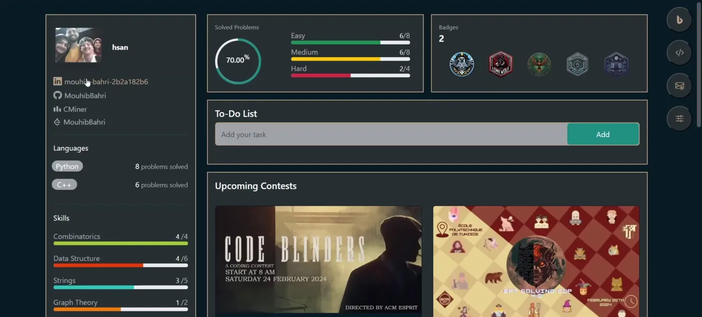 CP Online Coach dashboard with solved-problem stats, badges, skills and upcoming contests
