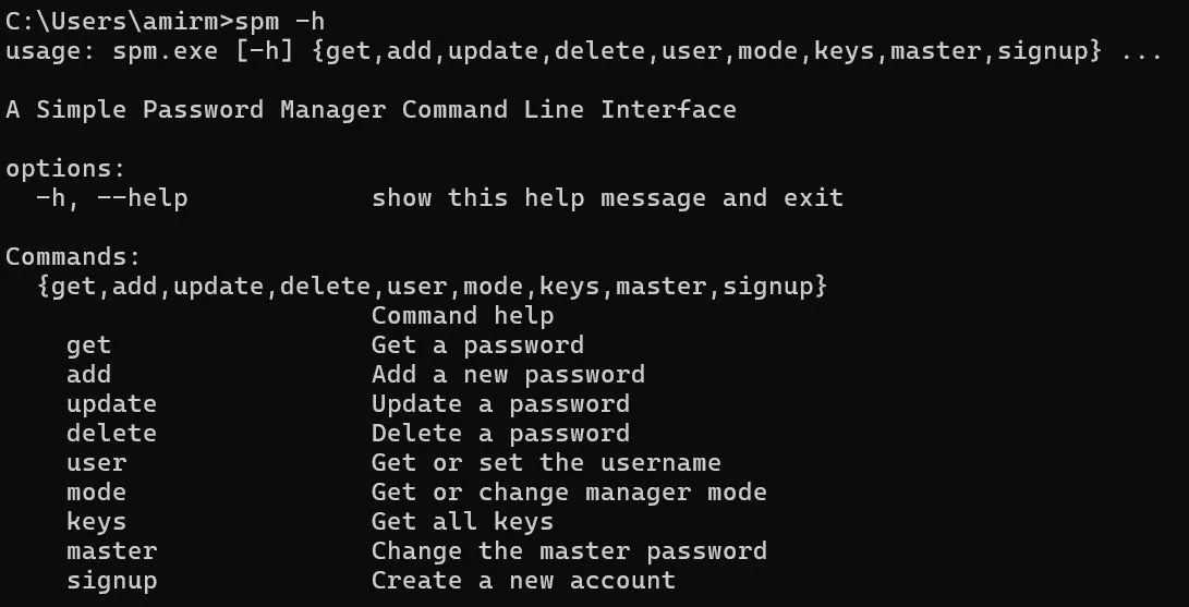 spm -h output listing the get, add, update, delete, user, mode, keys, master and signup commands